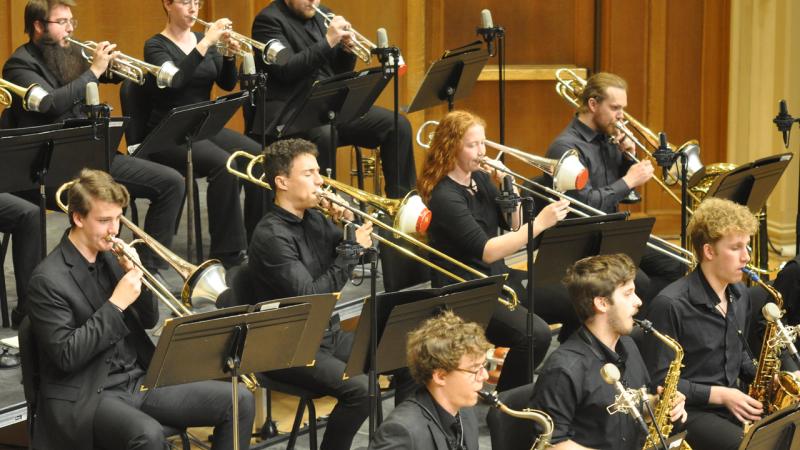 Lawrence Jazz Ensemble playing on chapel stage